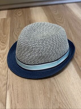 The Children's Place Kids Straw Fedora Hat Navy Blue Tan Stripe - Size Large 8+